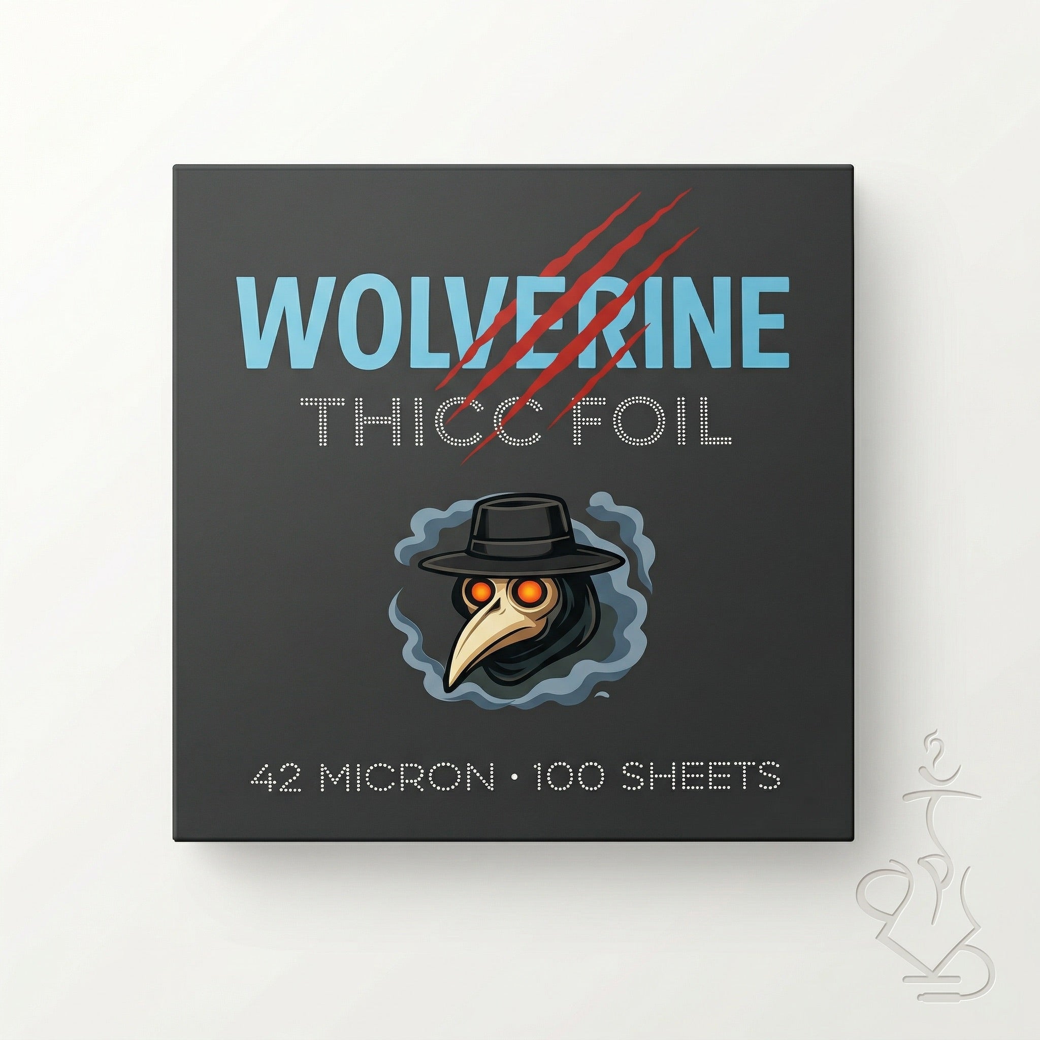 Wolverine Thicc 42-micron plain hookah foil dispenser box — dark charcoal box with cyan branding and plague doctor mascot