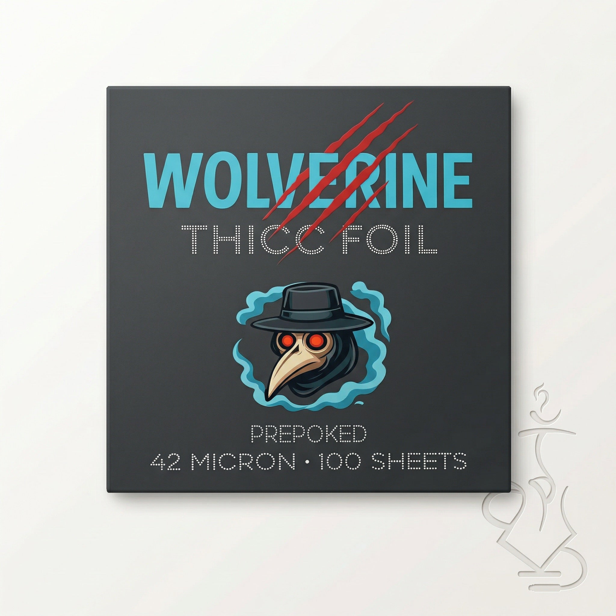 Wolverine Thicc 42-micron pre-poked hookah foil dispenser box — dark charcoal box with cyan branding and plague doctor mascot