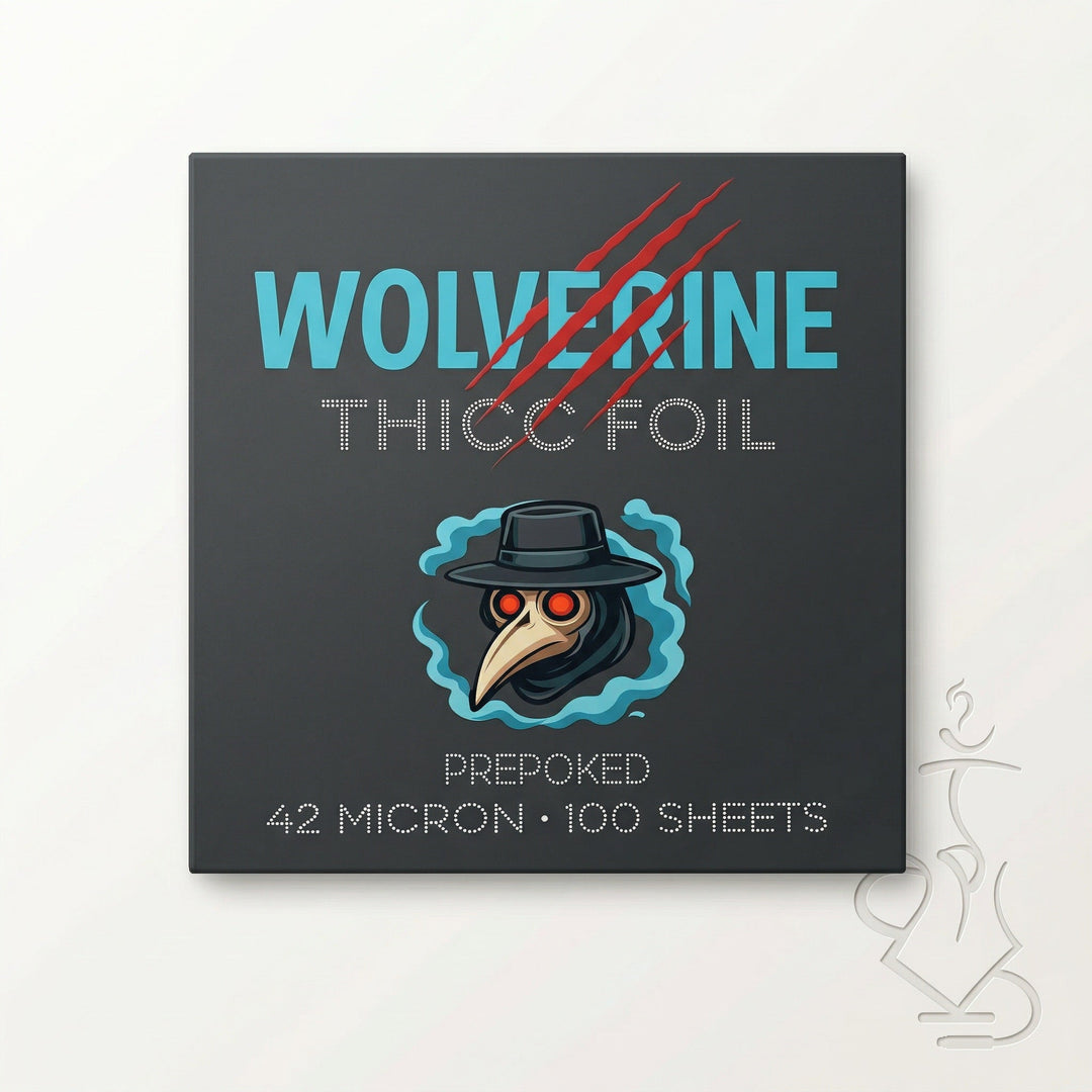 Wolverine Pre-Poked shisha foil, dark charcoal Thicc box, 42 micron, 100 sheets, beside a sheet with a round hole pattern