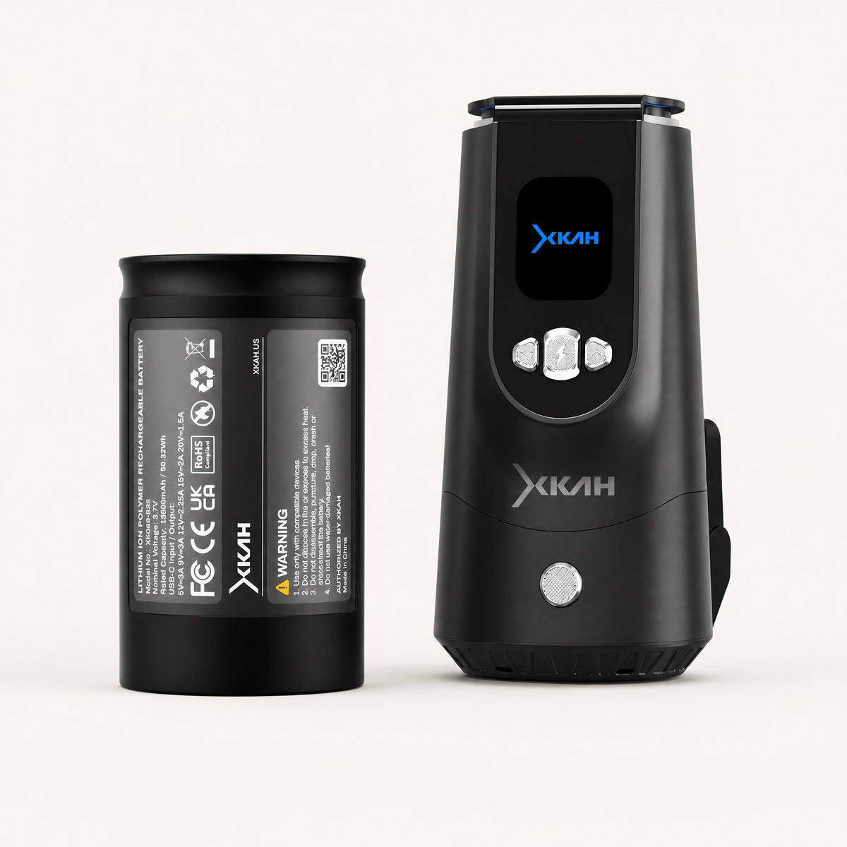 XKAH Pro 13600 mAh battery beside the XKAH Pro eHMD, showing the spare cell paired with its device., image 3 of 9