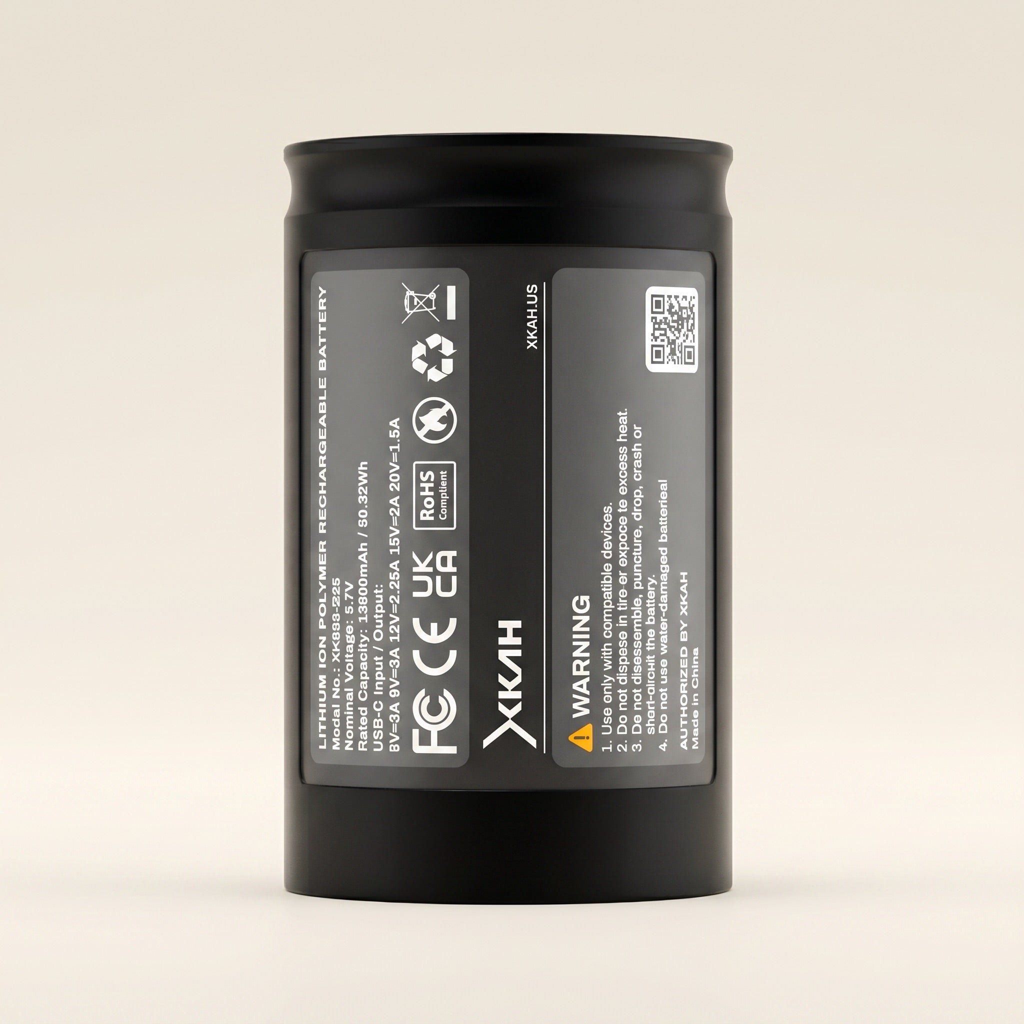 XKAH Pro 13600 mAh replacement battery, matte black cylindrical cell, upright front three-quarter studio view.