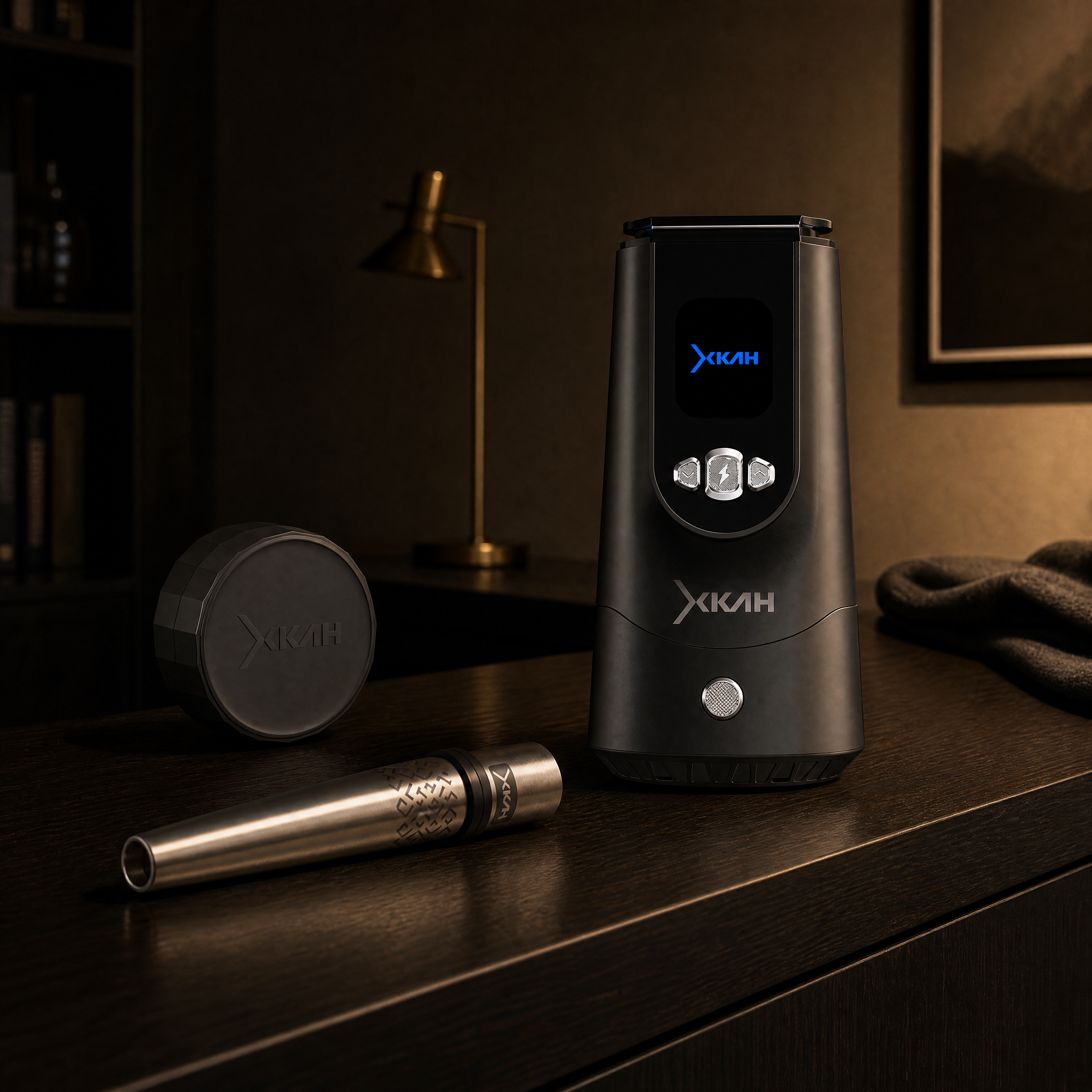 XKAH Pro eHMD on a modern home prep console with pod carry case and reusable steel mouthpiece ready beside it.