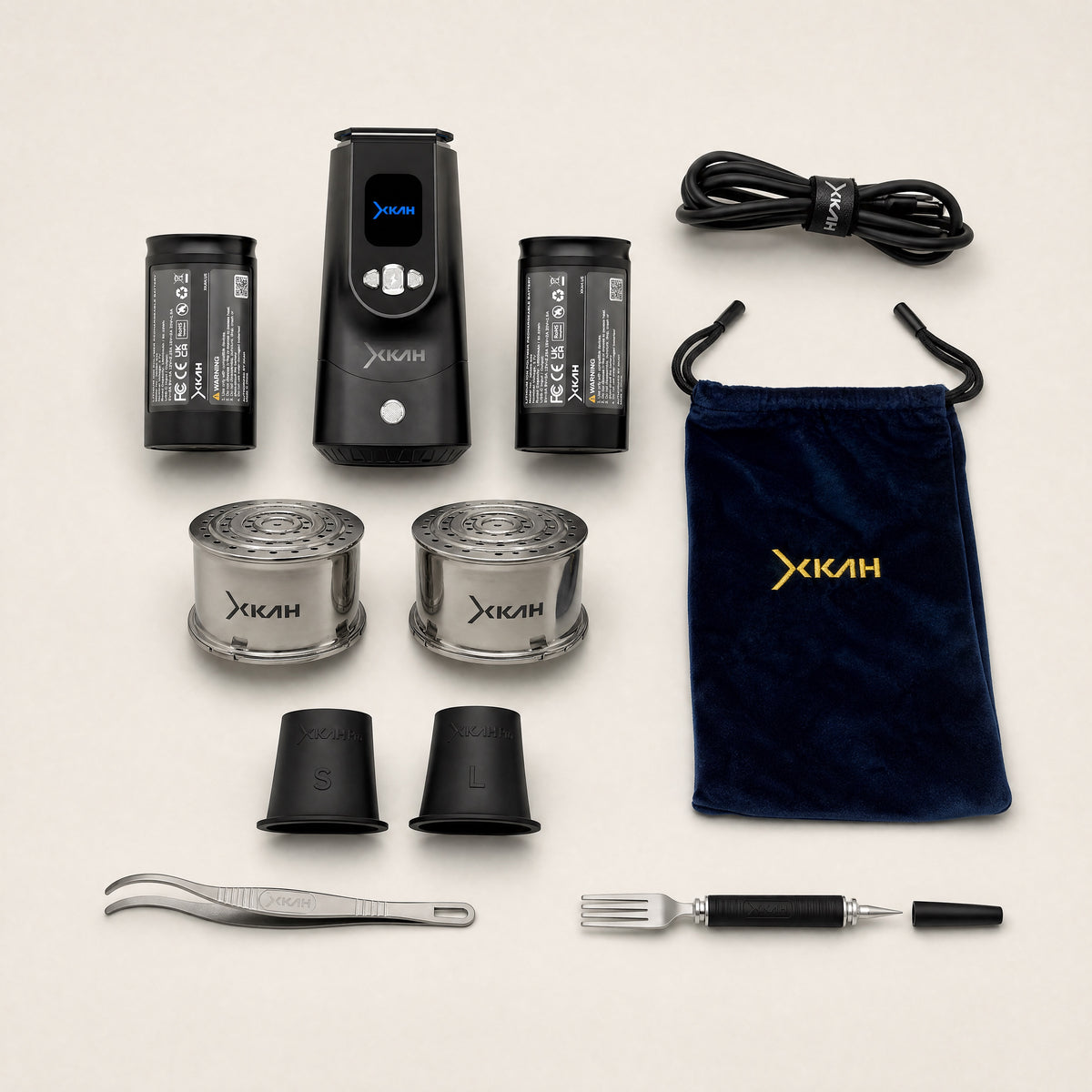 XKAH Pro Essentials Bundle full kit — device, two batteries, two bowls, tongs, fork poker, grommets, cable, bag., image 2 of 4