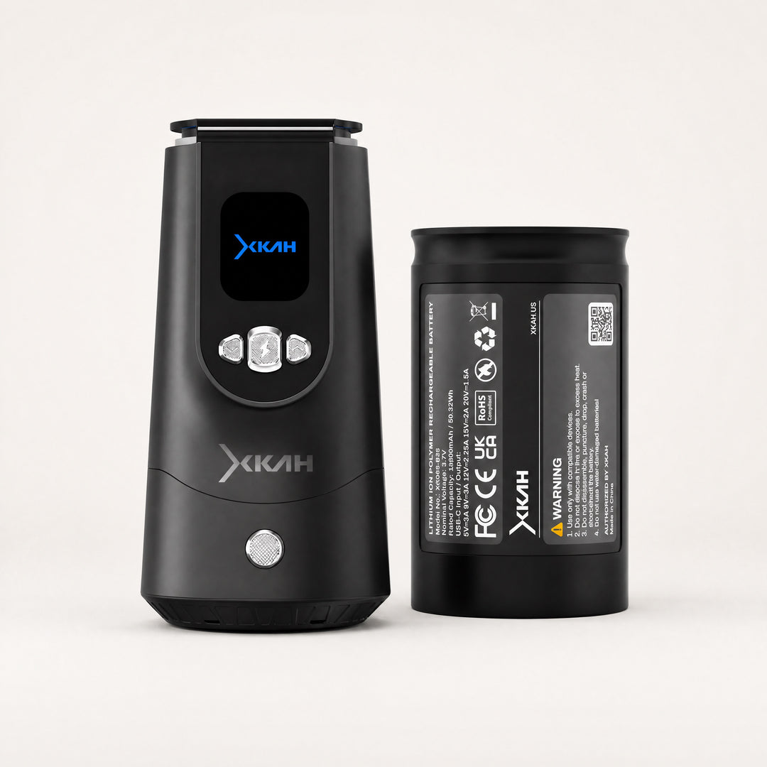 XKAH Pro device with included 13600 mAh spare battery — both shown upright on a clean studio sweep.