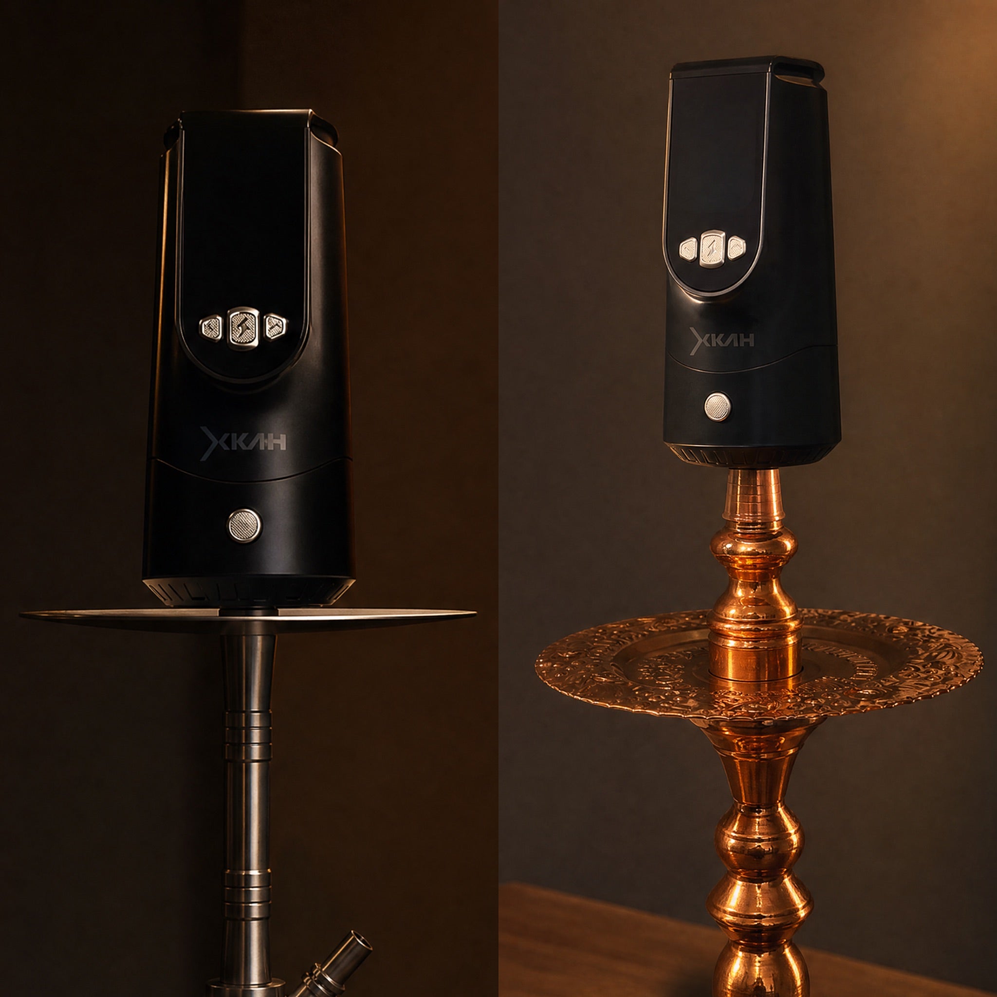 XKAH Pro seated on both a modern stainless and a traditional engraved brass shisha, confirming universal compatibility.