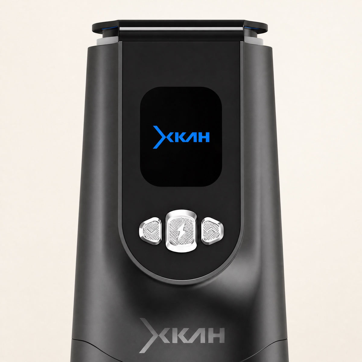 Macro of the XKAH Pro display and three precision control buttons, the cool blue OLED screen reading active., image 10 of 28
