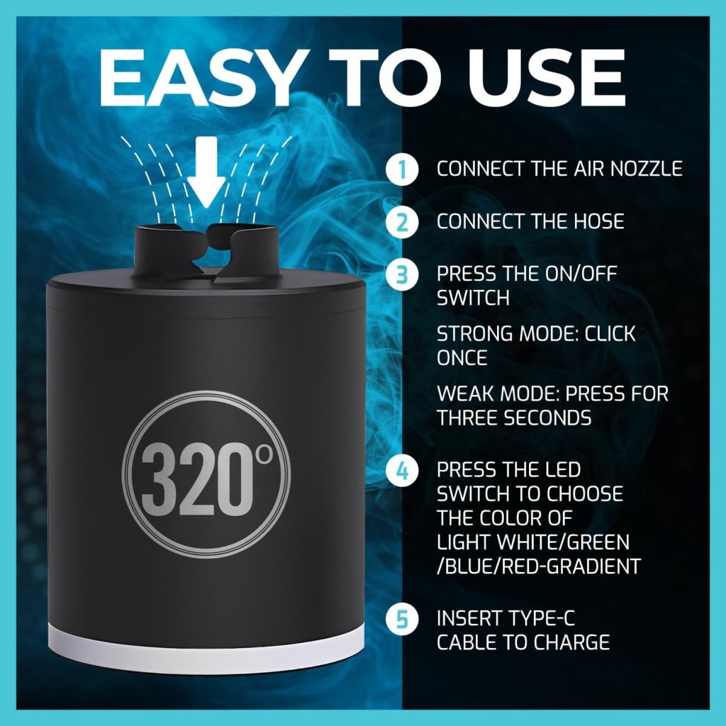 320° - 320º Hookah Shisha Electric Starter - LED Illuminated, Rechargeable, Compact Pump - The Premium Way, image 10 of 12
